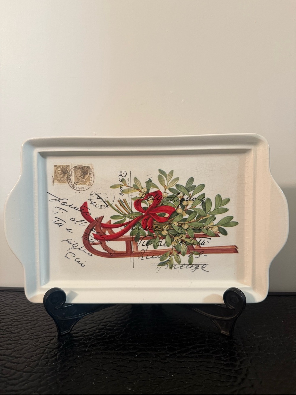Holiday Sled rectangular Ceramic Tray with vintage postcard image